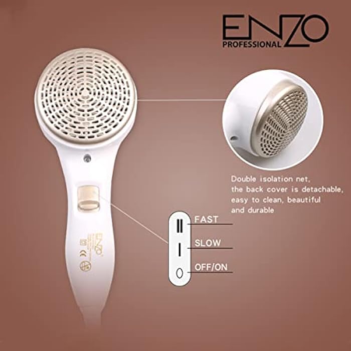 Enzo Professional Hair Dryer - 3000 Watts, Smooth Even Airflow, Removable Air Inlet Grill, Wind Power Regulating Switch, Temperature Control Switch, Overheating Protection Device - Image 4